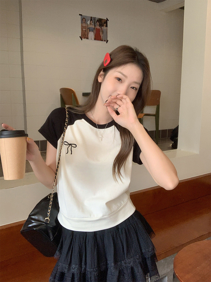 Bow Knot Contrast Women Slim Fit Summer T-Shirt