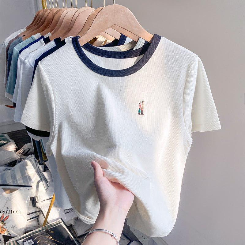 Apricot Embroidered Women Waffle Summer T-Shirt 2026