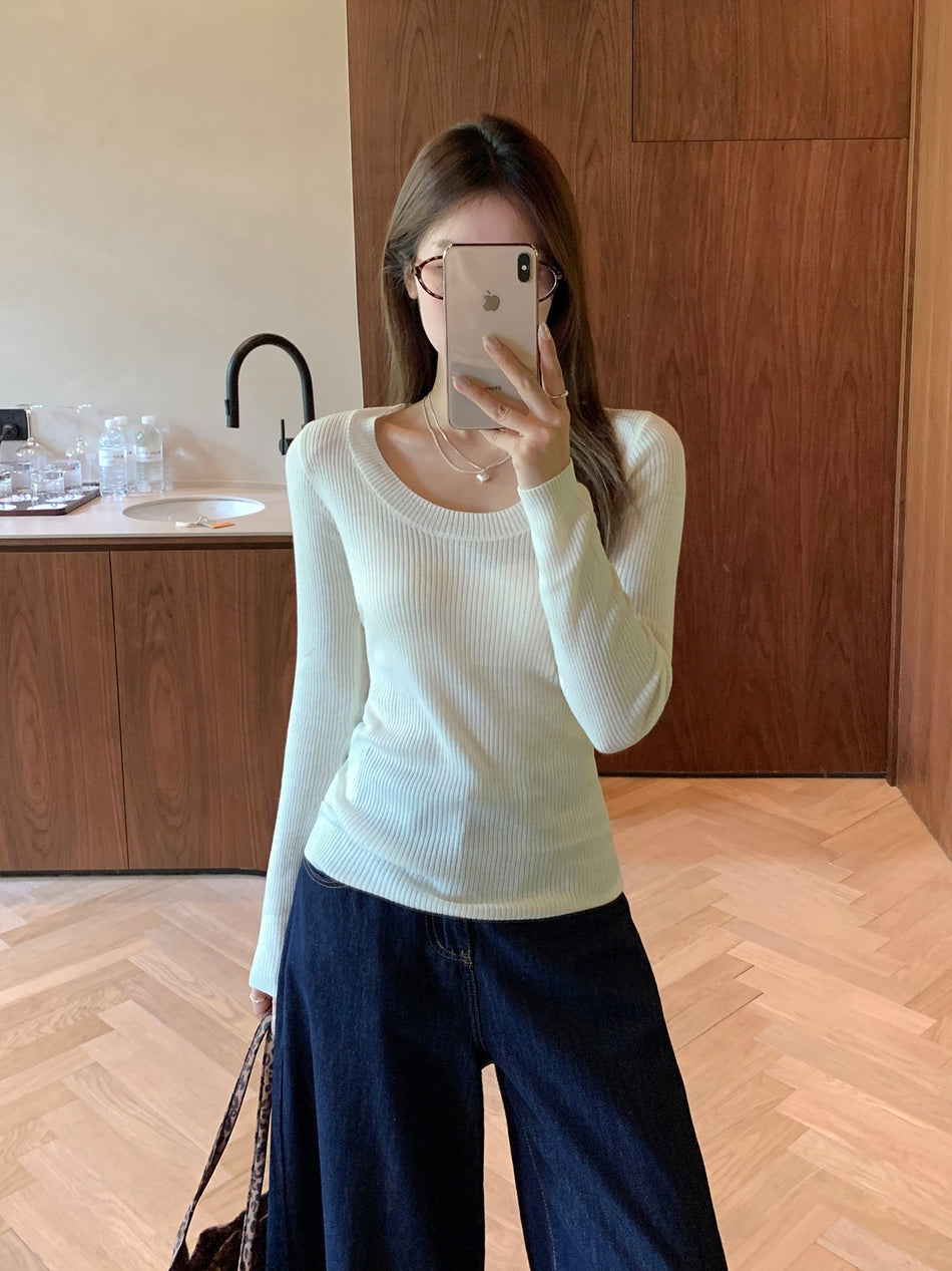 Off White U Neck Women Shoulder Knit Slim Autumn Top