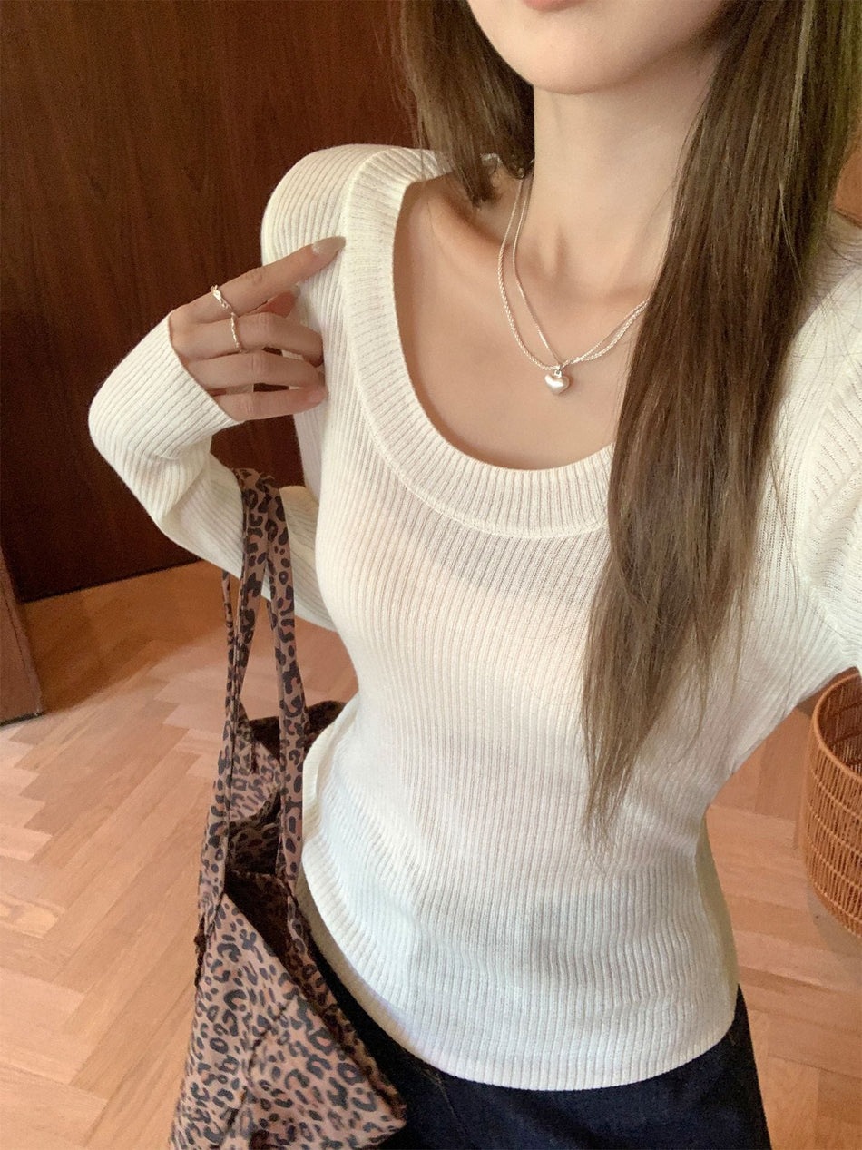 Off White U Neck Women Shoulder Knit Slim Autumn Top