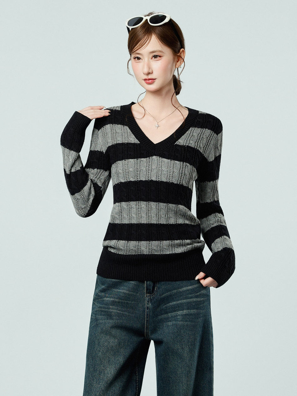 Black Gray Striped V Neck Women Knit Sweater 2026