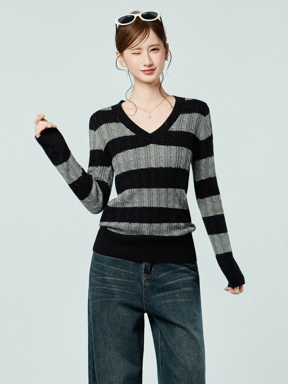 Black Gray Striped V Neck Women Knit Sweater 2026