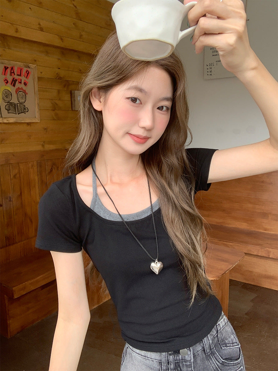 College Style Fake Two Piece Women Summer T-Shirt 2026