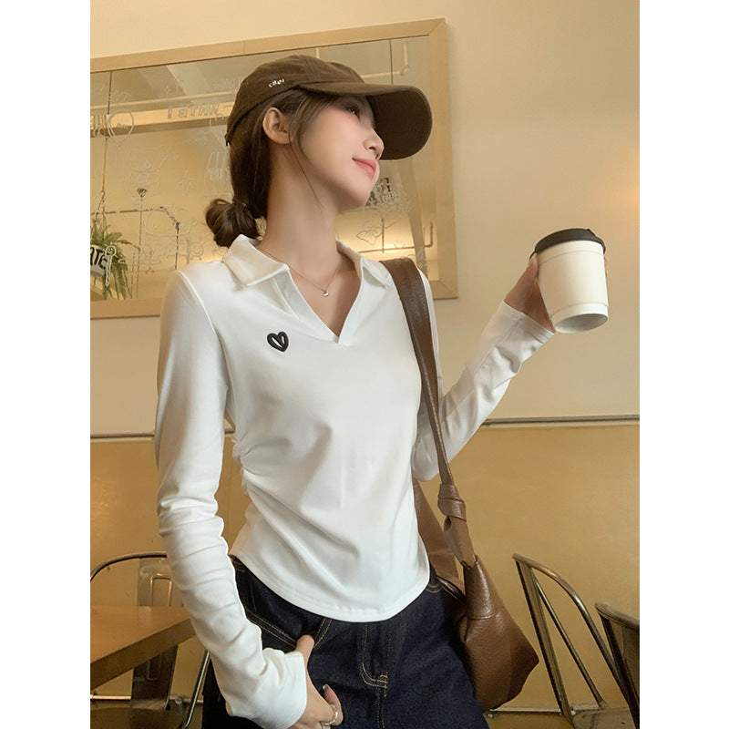Polo Collar Women Fleece Lined Slim Autumn Top