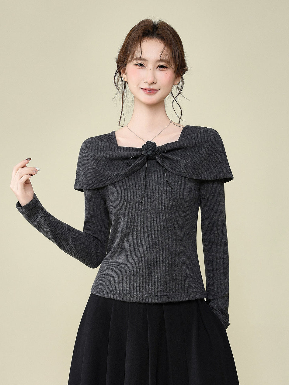 Dark Gray V Neck Women Korean Winter Base Layer Top