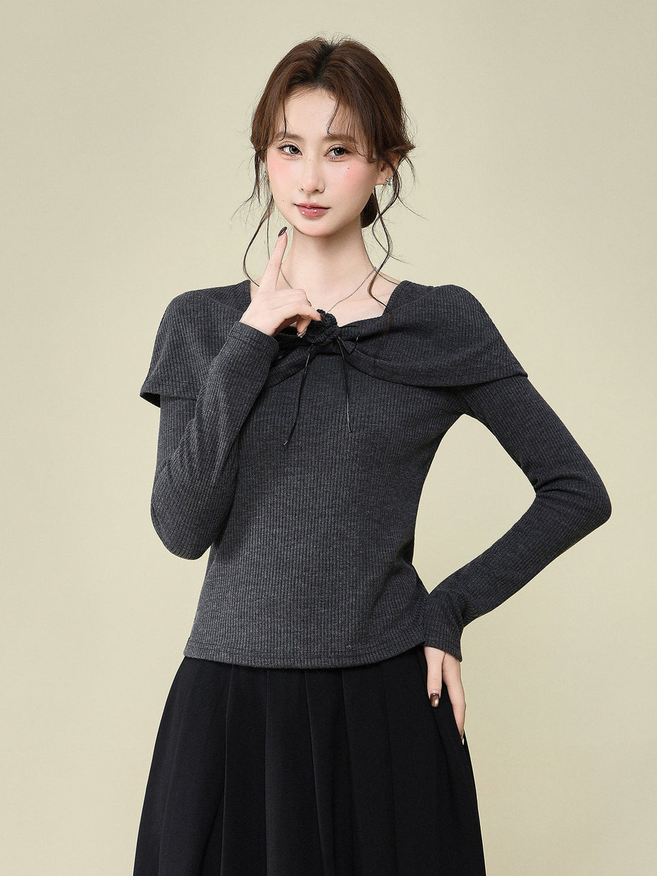 Dark Gray V Neck Women Korean Winter Base Layer Top