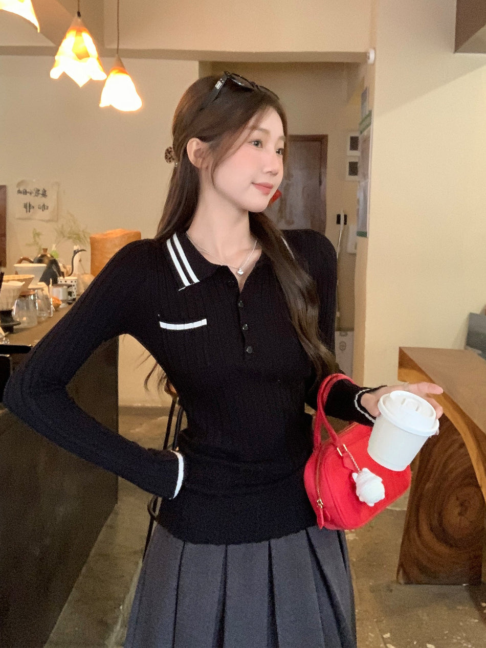 Black Polo Collar Women Slim Stripe Knit Autumn Top