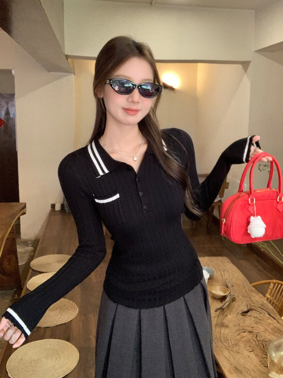 Black Polo Collar Women Slim Stripe Knit Autumn Top