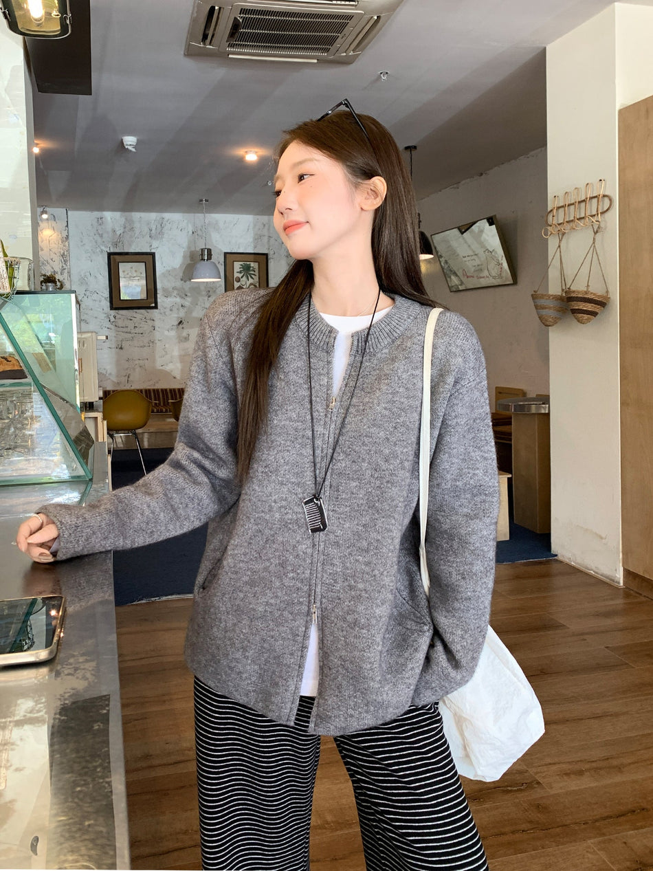 Gray Double Zip Women Knit Cardigan Jacket 2026