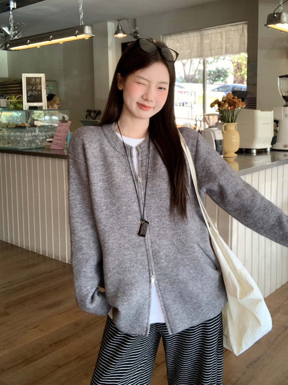 Gray Double Zip Women Knit Cardigan Jacket 2026