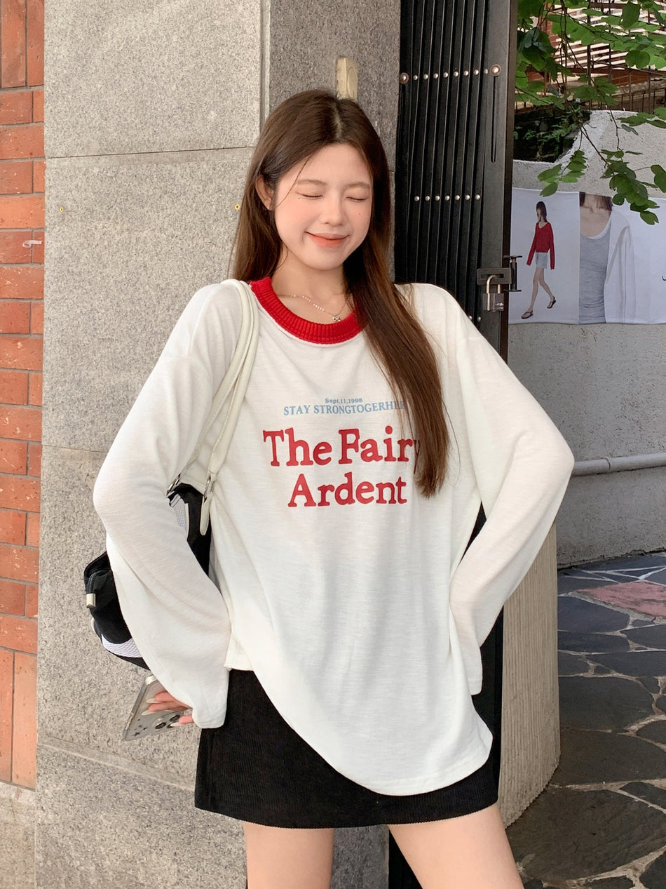 Red White Letter Print Women Loose Autumn Top