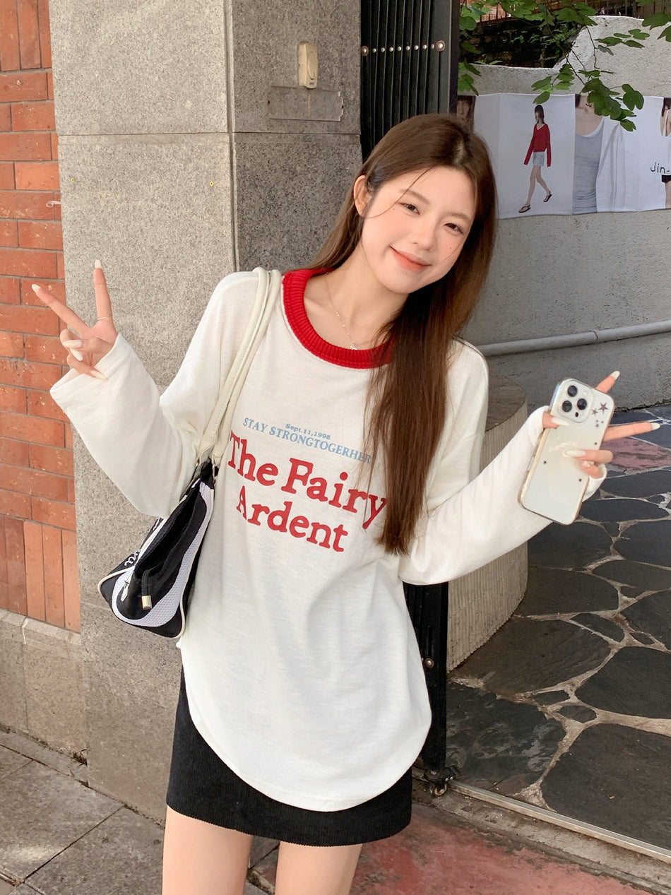 Red White Letter Print Women Loose Autumn Top
