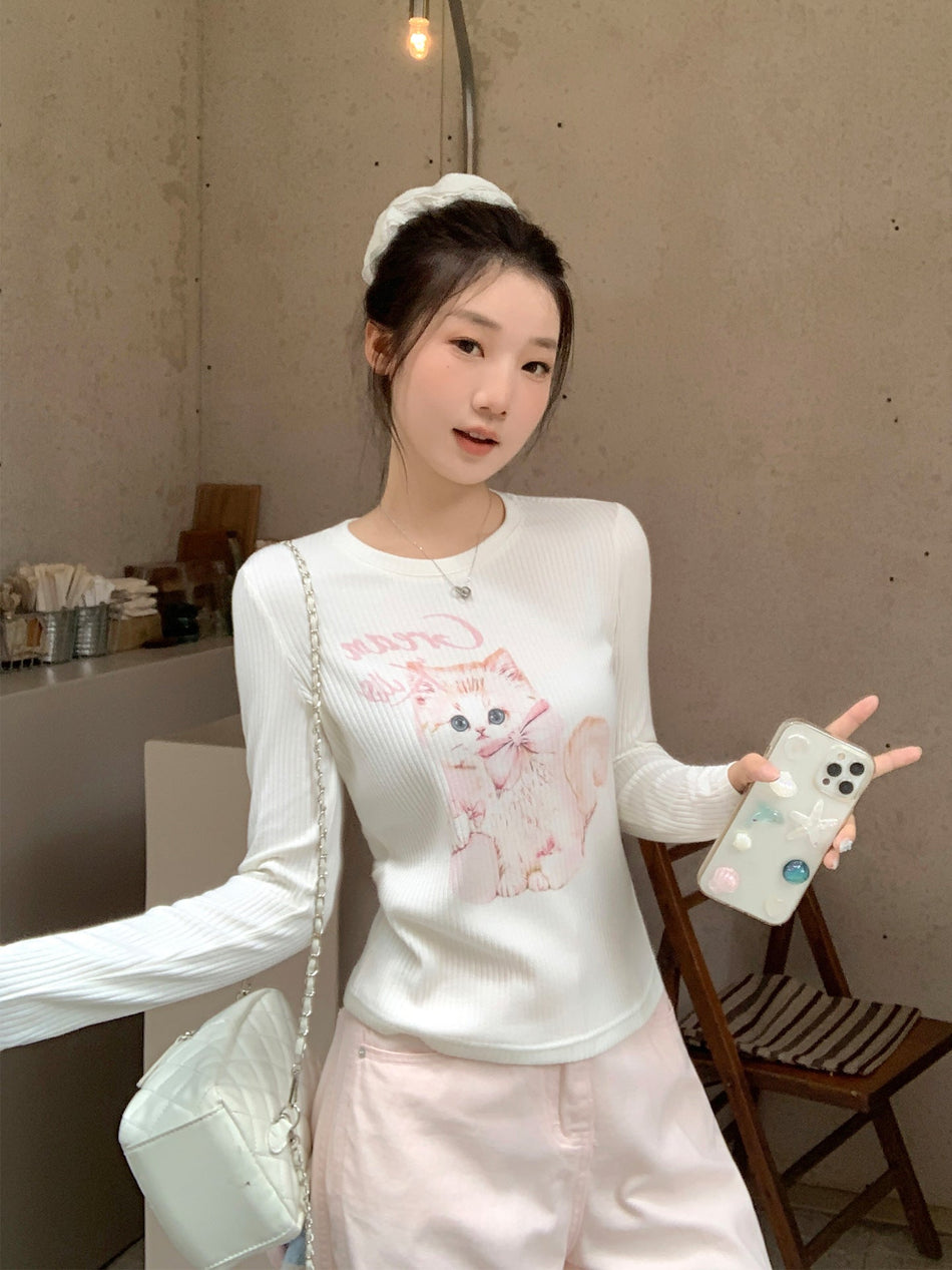 Cat Print Women Long Sleeve Top 2026 Autumn