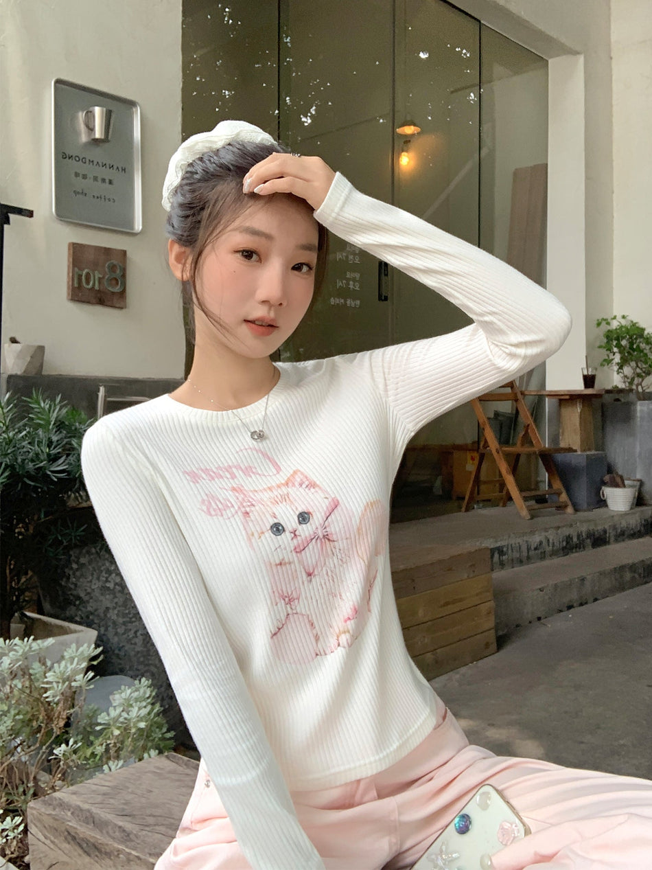 Cat Print Women Long Sleeve Top 2026 Autumn