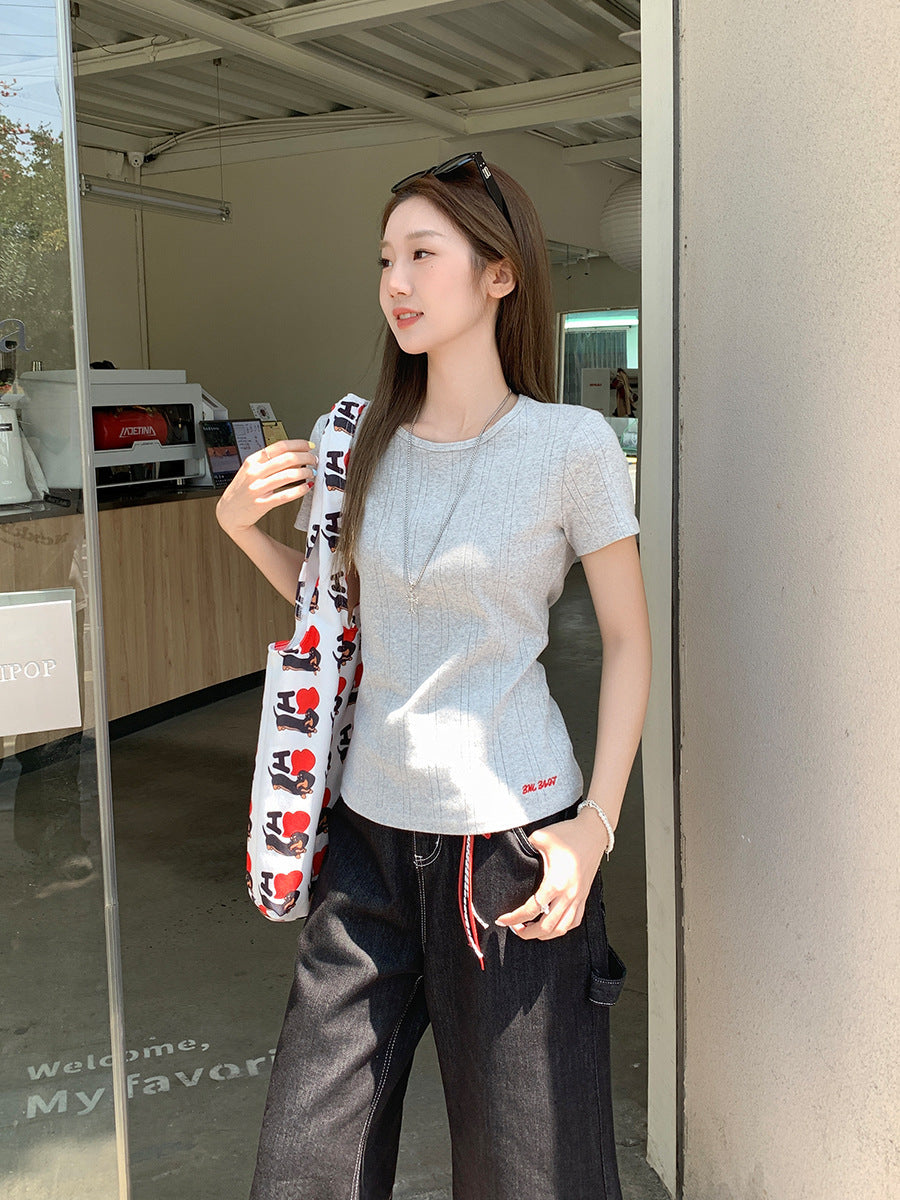 Grey Jacquard Letter Women Summer T-Shirt Top 2026