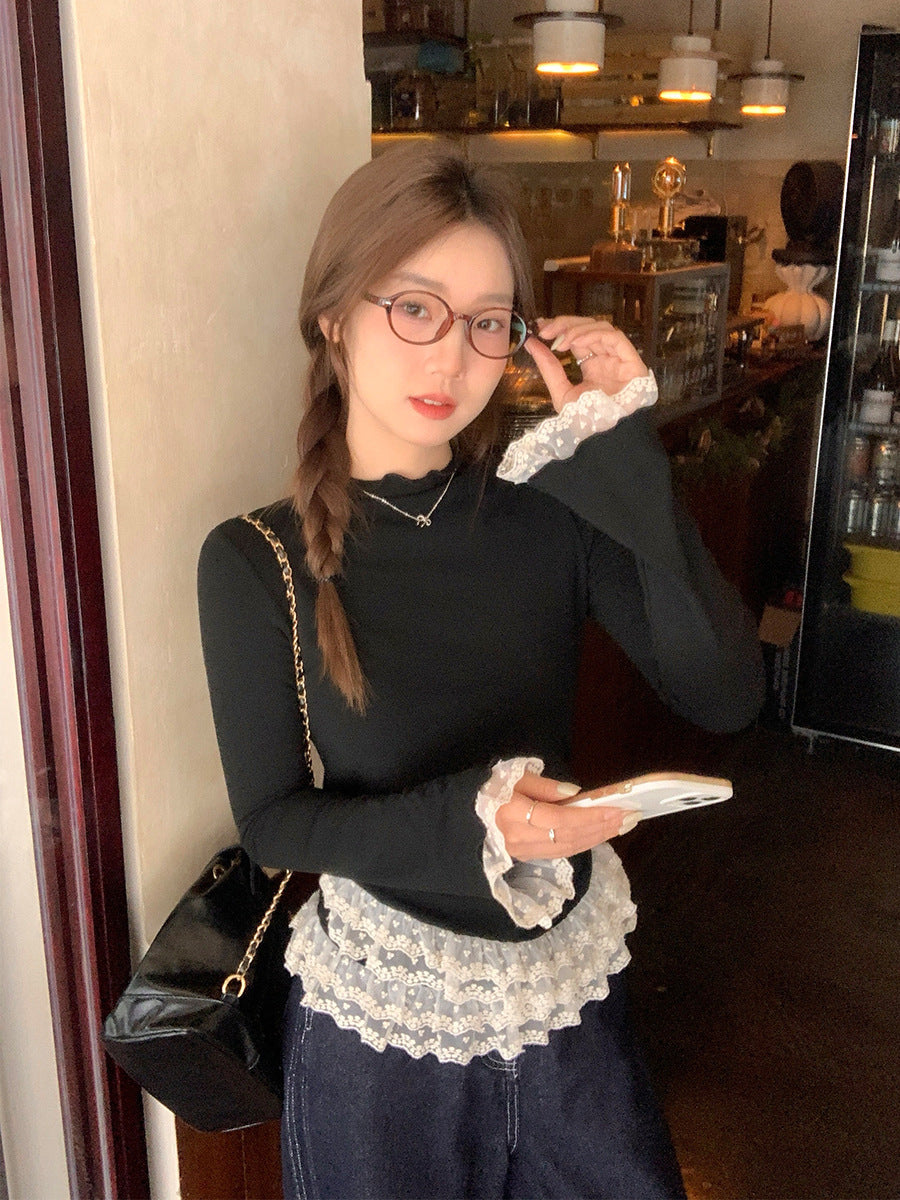 Lace Half Collar Women Warm T-Shirt Winter 2026 Top