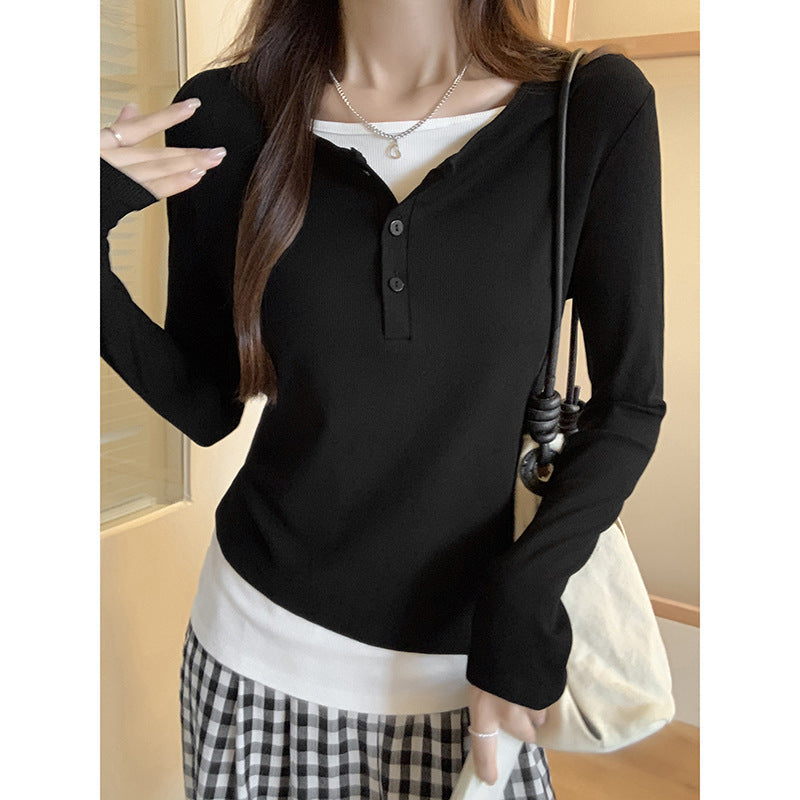 Contrast Stitch Women Fake Two-Piece T-Shirt Autumn Top