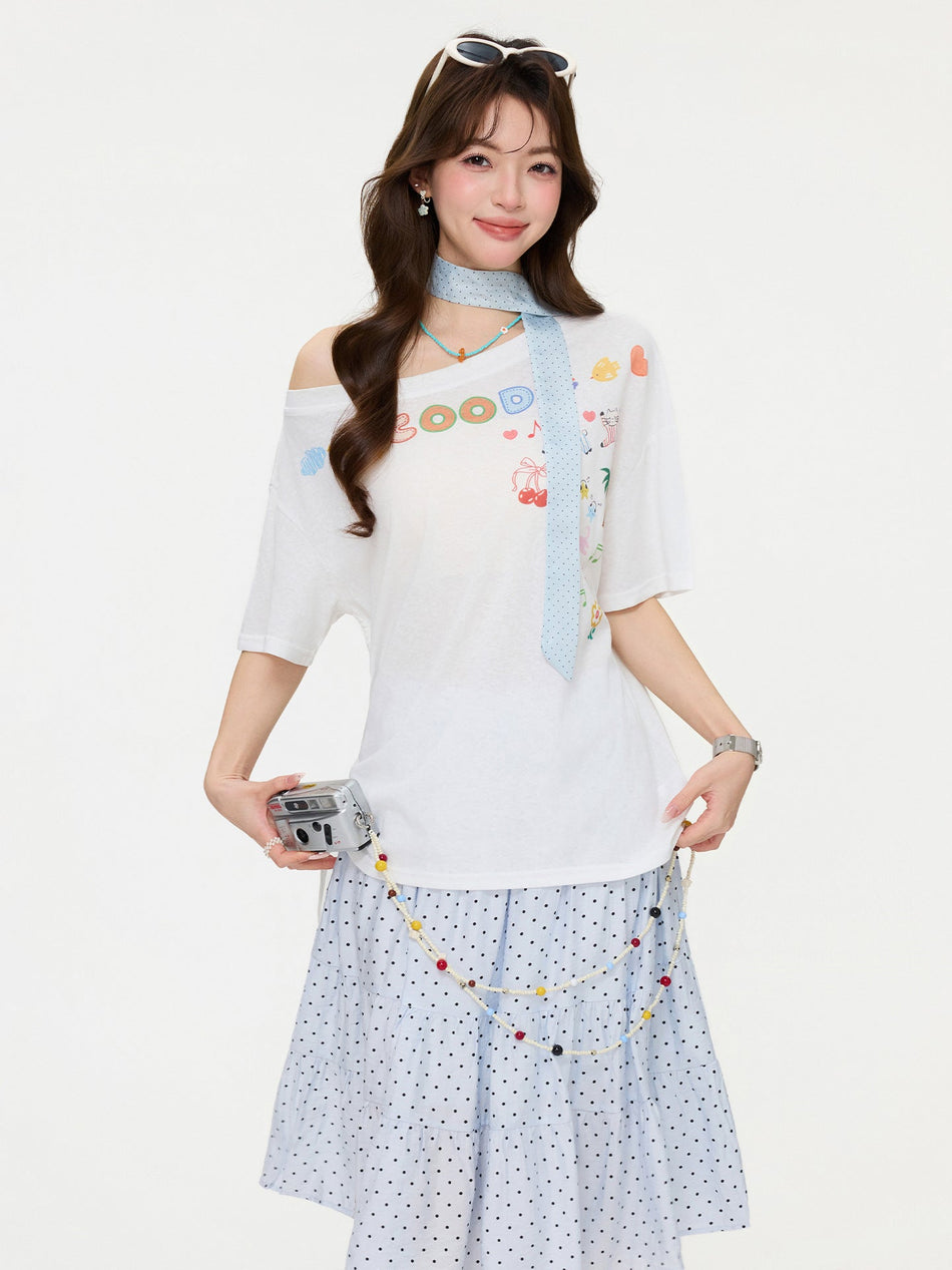 White Off Shoulder Drawstring Women T-Shirt 2026