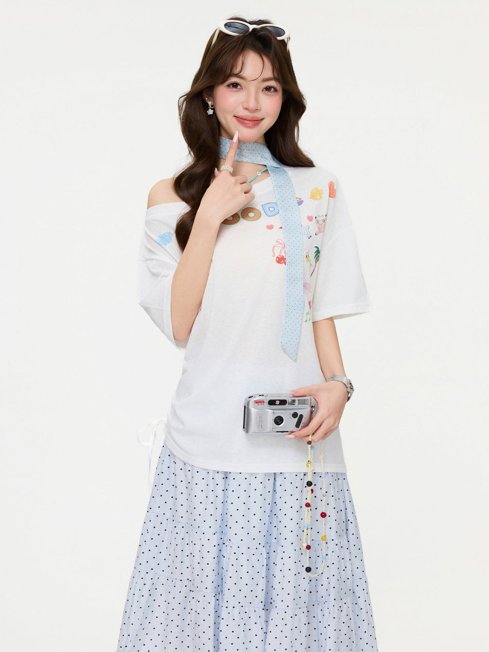 White Off Shoulder Drawstring Women T-Shirt 2026