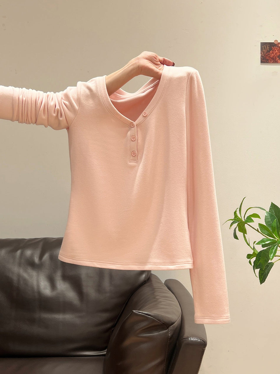 Pink Velvet V-Neck Women Winter Undershirt 2026