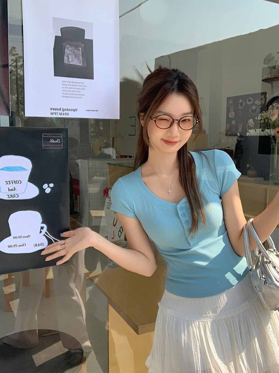 Korean V-Neck Button Women T-Shirt 2026 Summer