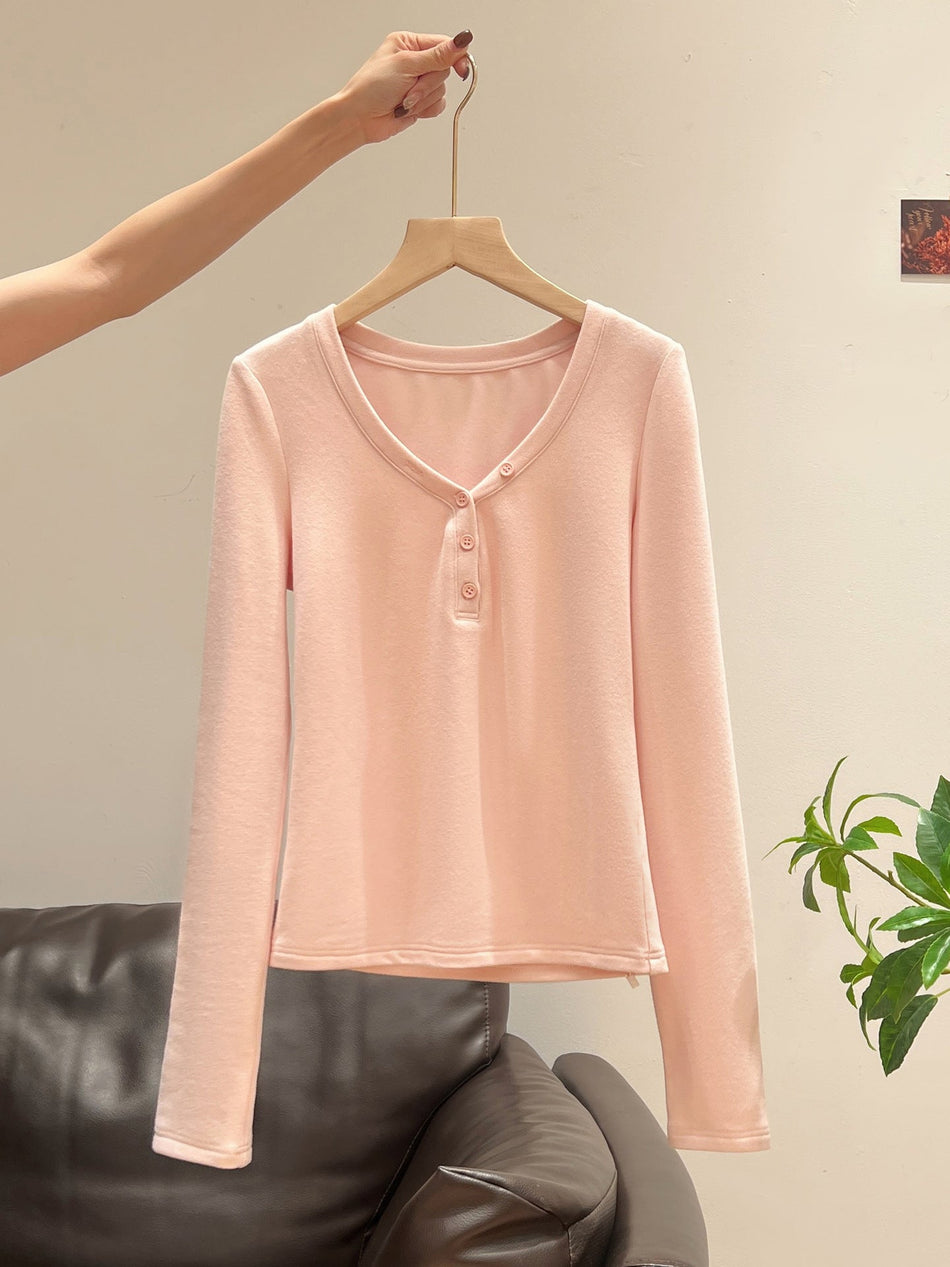 Pink Velvet V-Neck Women Winter Undershirt 2026