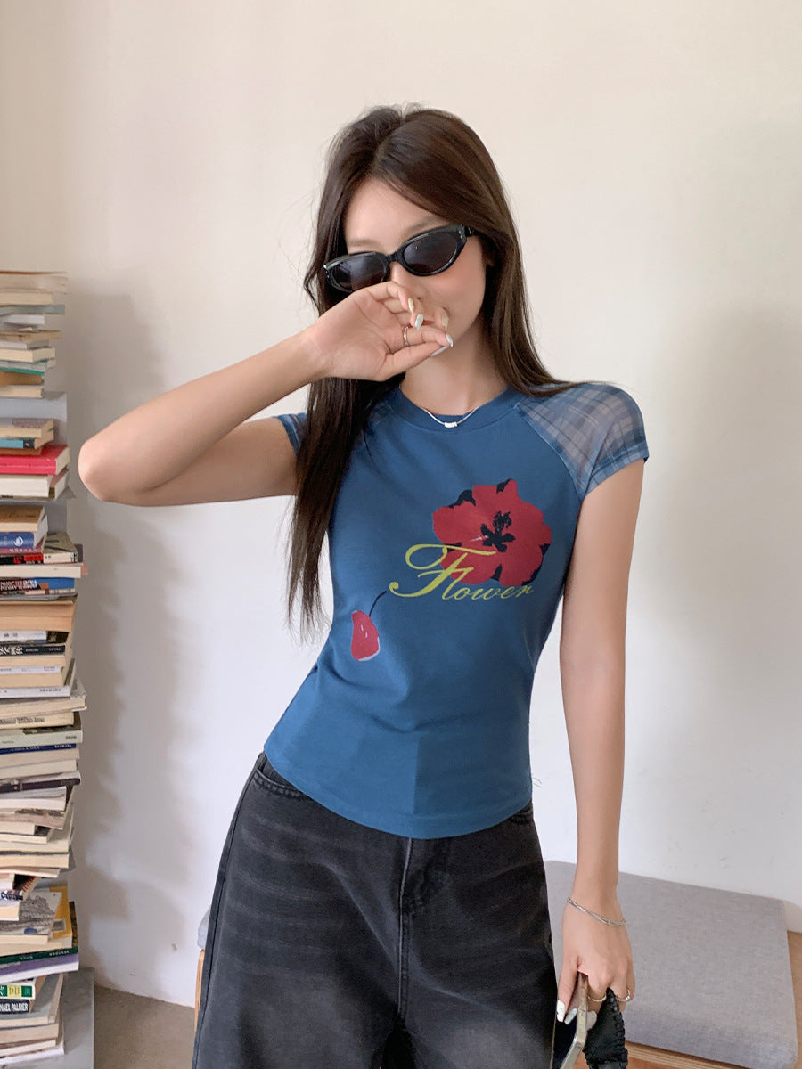 Mesh Patchwork Print Women T-Shirt 2026 Slim Fit