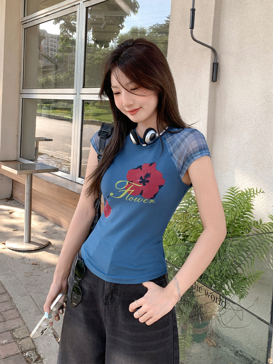 Mesh Patchwork Print Women T-Shirt 2026 Slim Fit
