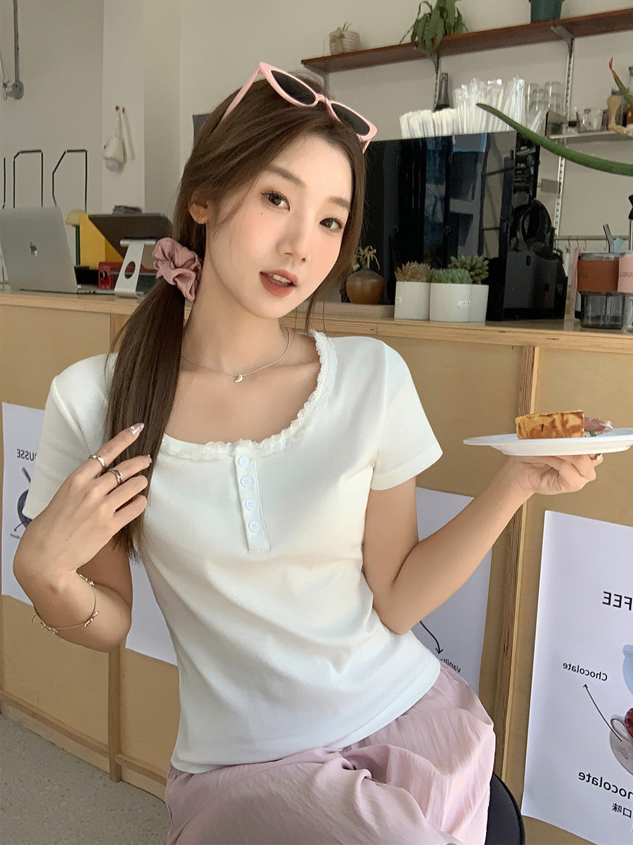 Lace Low Neck Women Slim T-Shirt Summer 2026