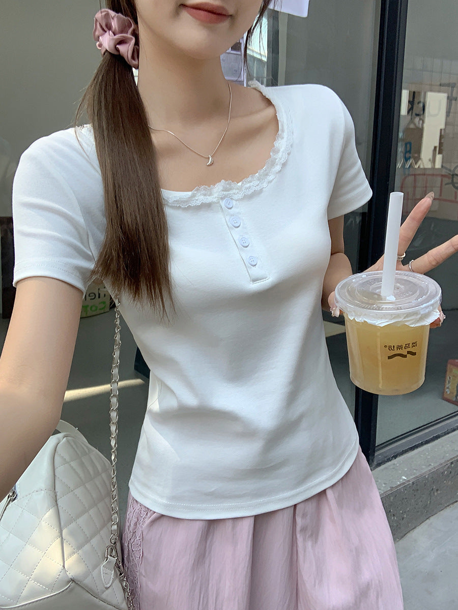 Lace Low Neck Women Slim T-Shirt Summer 2026