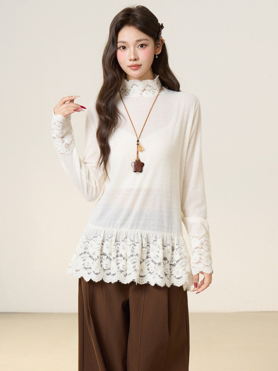 Lace Ruffle Knit Half Collar Women Winter Top 2026