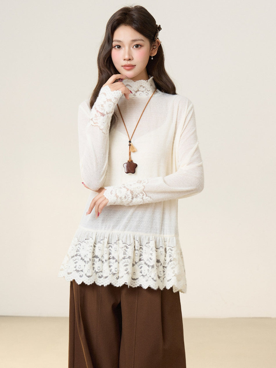 Lace Ruffle Knit Half Collar Women Winter Top 2026