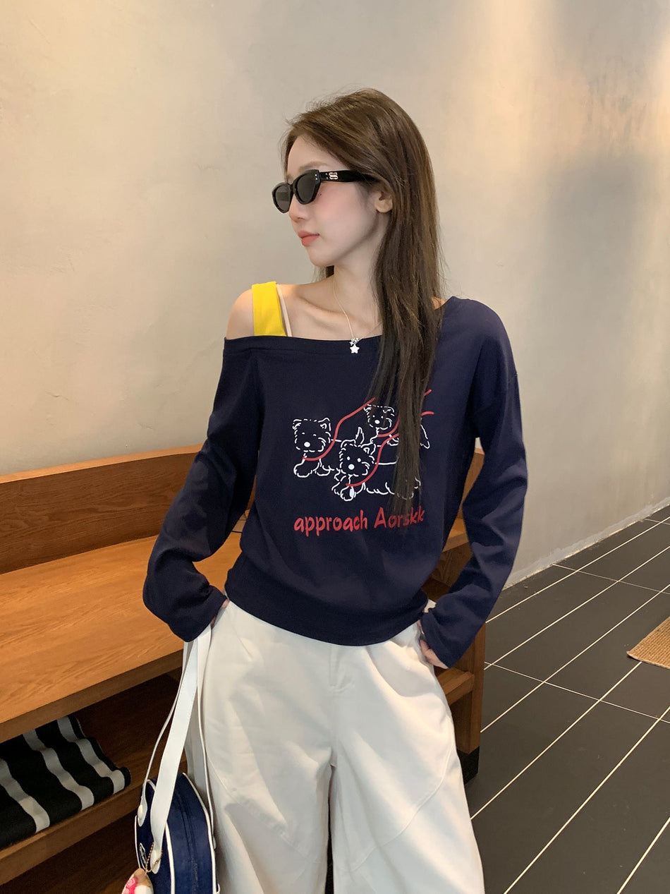Navy Blue Off Shoulder Color Block Women Top 2026