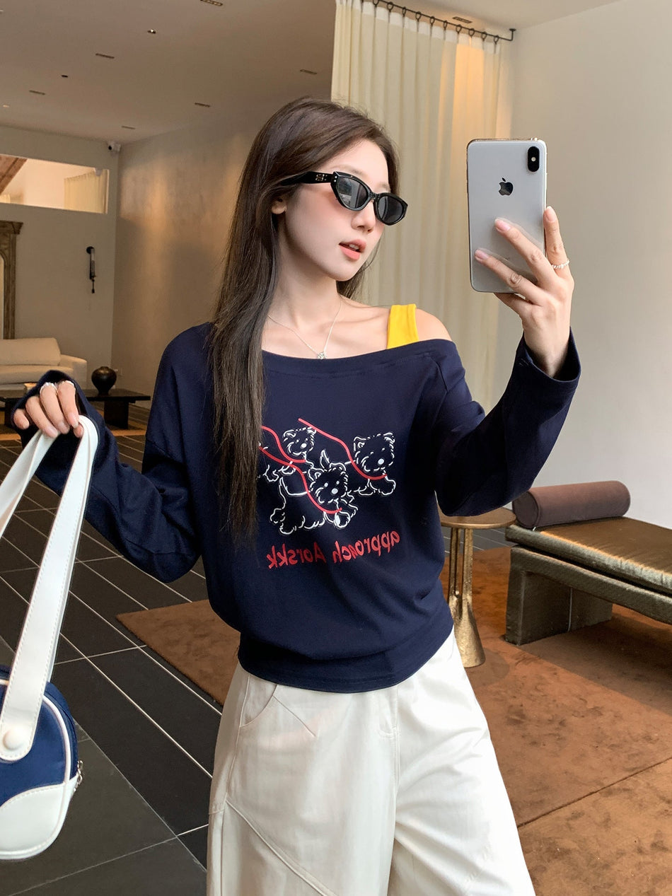 Navy Blue Off Shoulder Color Block Women Top 2026