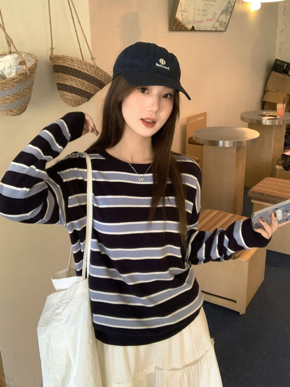 Striped Knit Sweater Women 2026 Autumn Loose Style