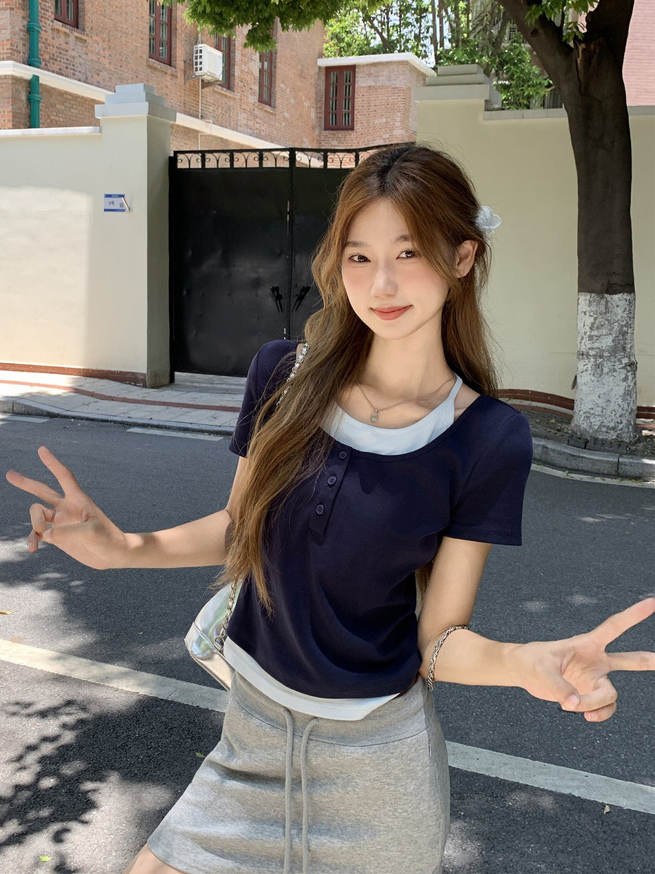 Contrast Fake Two-Piece Women T-Shirt 2026 Summer