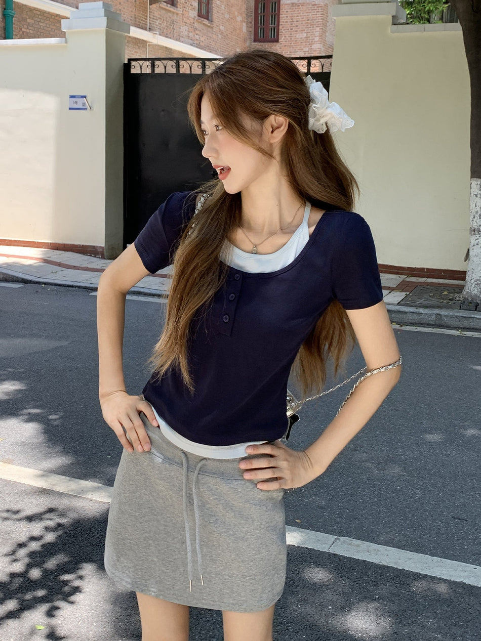 Contrast Fake Two-Piece Women T-Shirt 2026 Summer