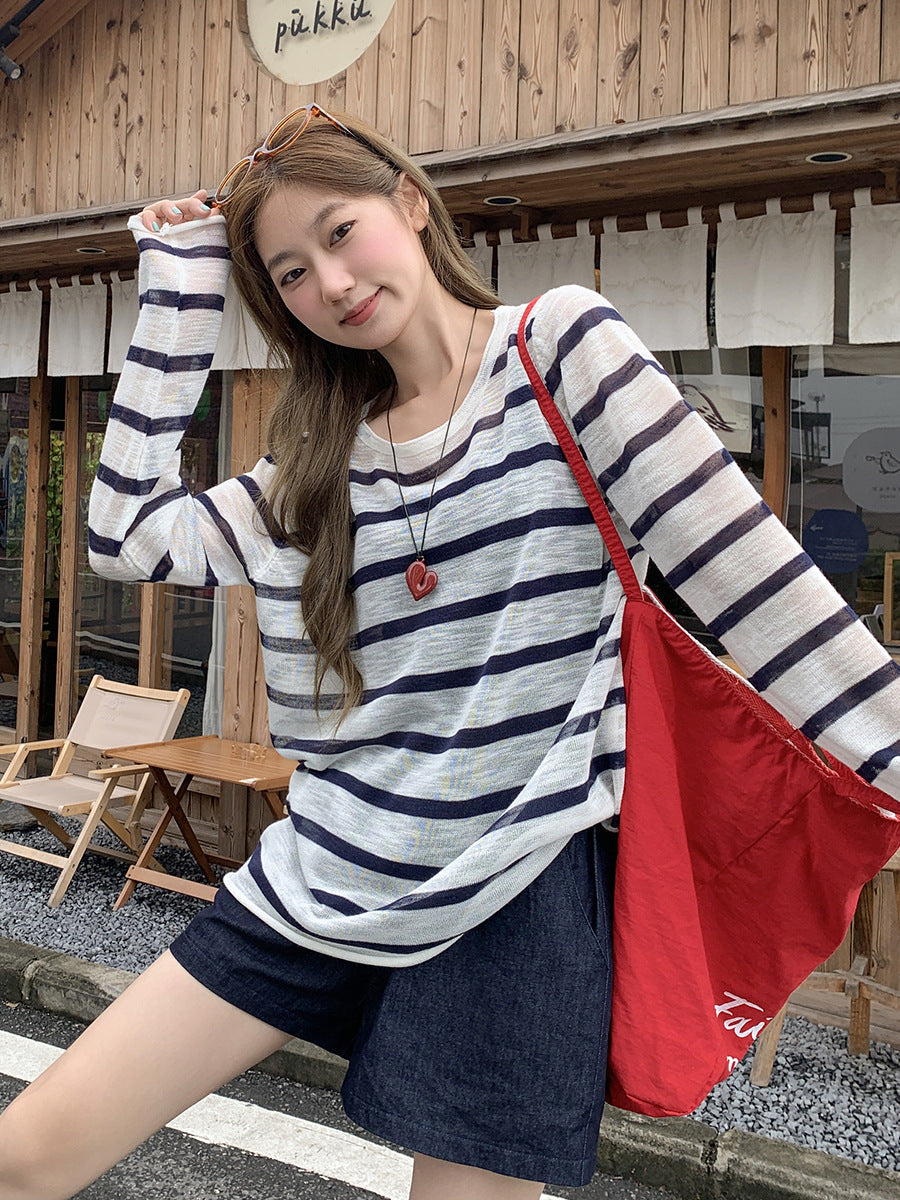 Korean Striped Sheer Women Blouse Summer 2026 Loose Top