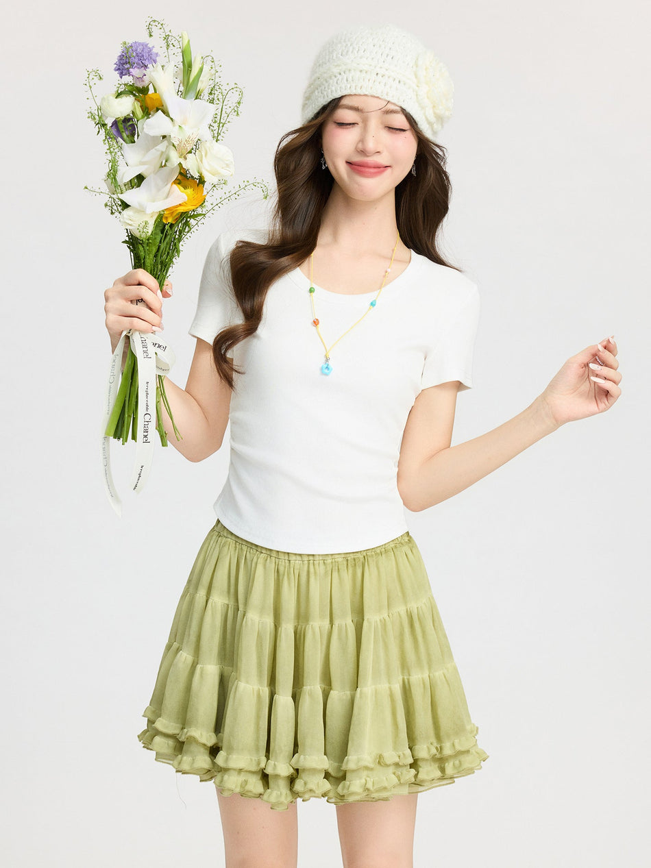 Korean U-Neck White Slim Women T-Shirt 2026 Summer