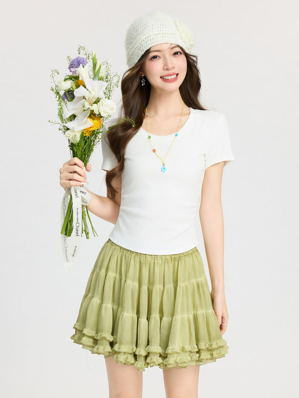 Korean U-Neck White Slim Women T-Shirt 2026 Summer