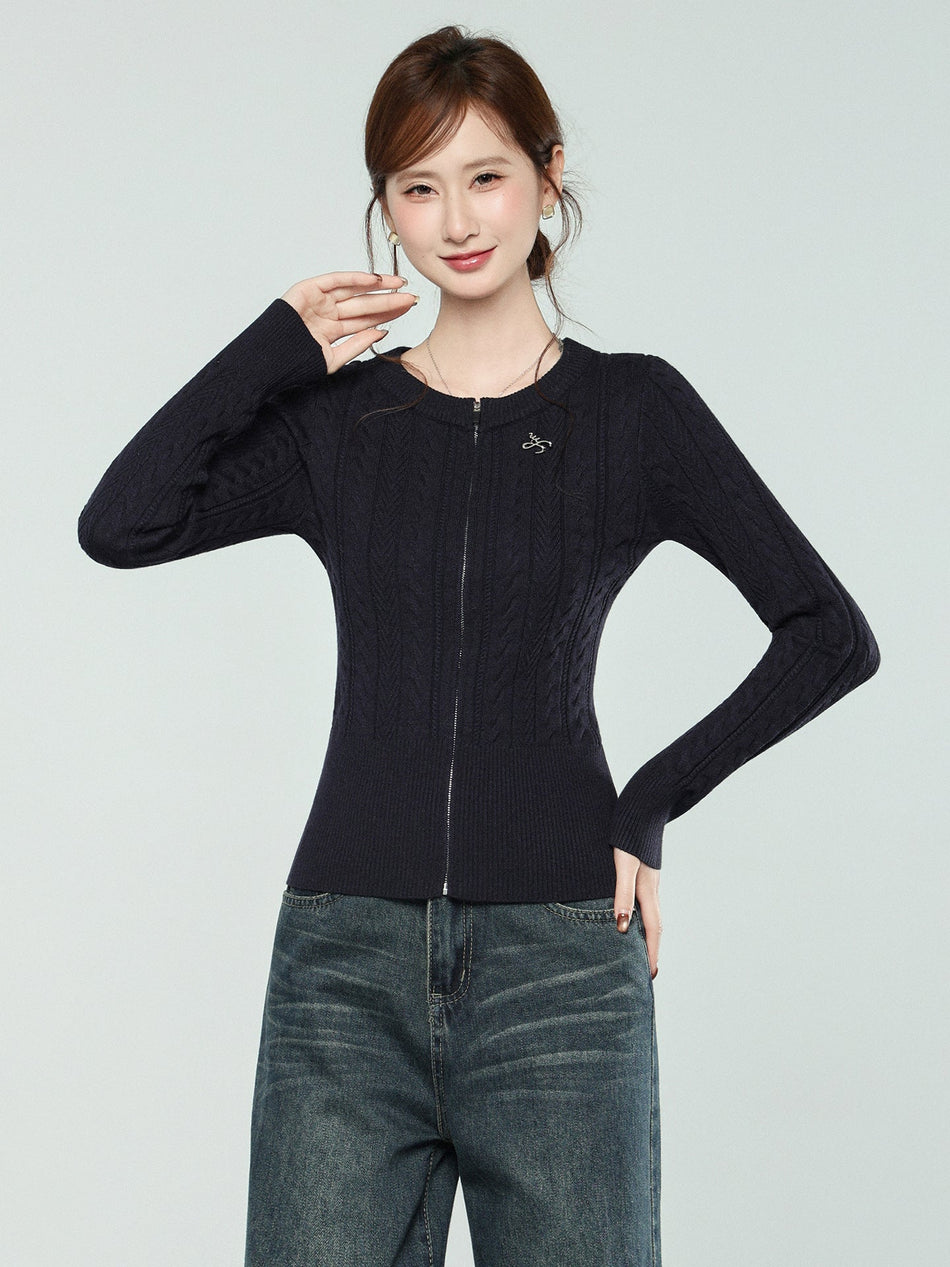 Dark Blue Twist Knit Sweater Coat Women Winter Cardigan