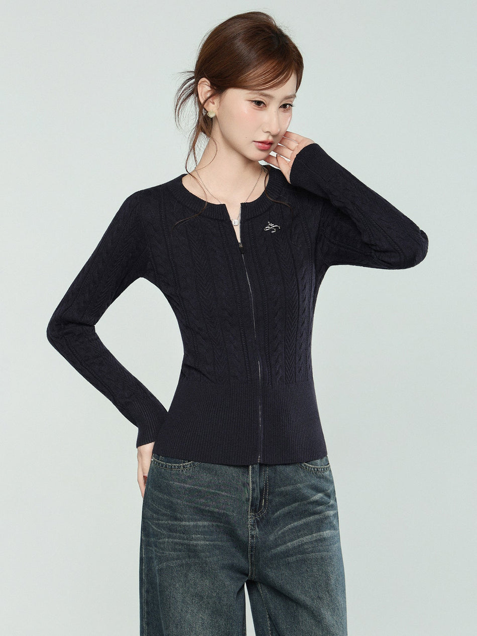 Dark Blue Twist Knit Sweater Coat Women Winter Cardigan