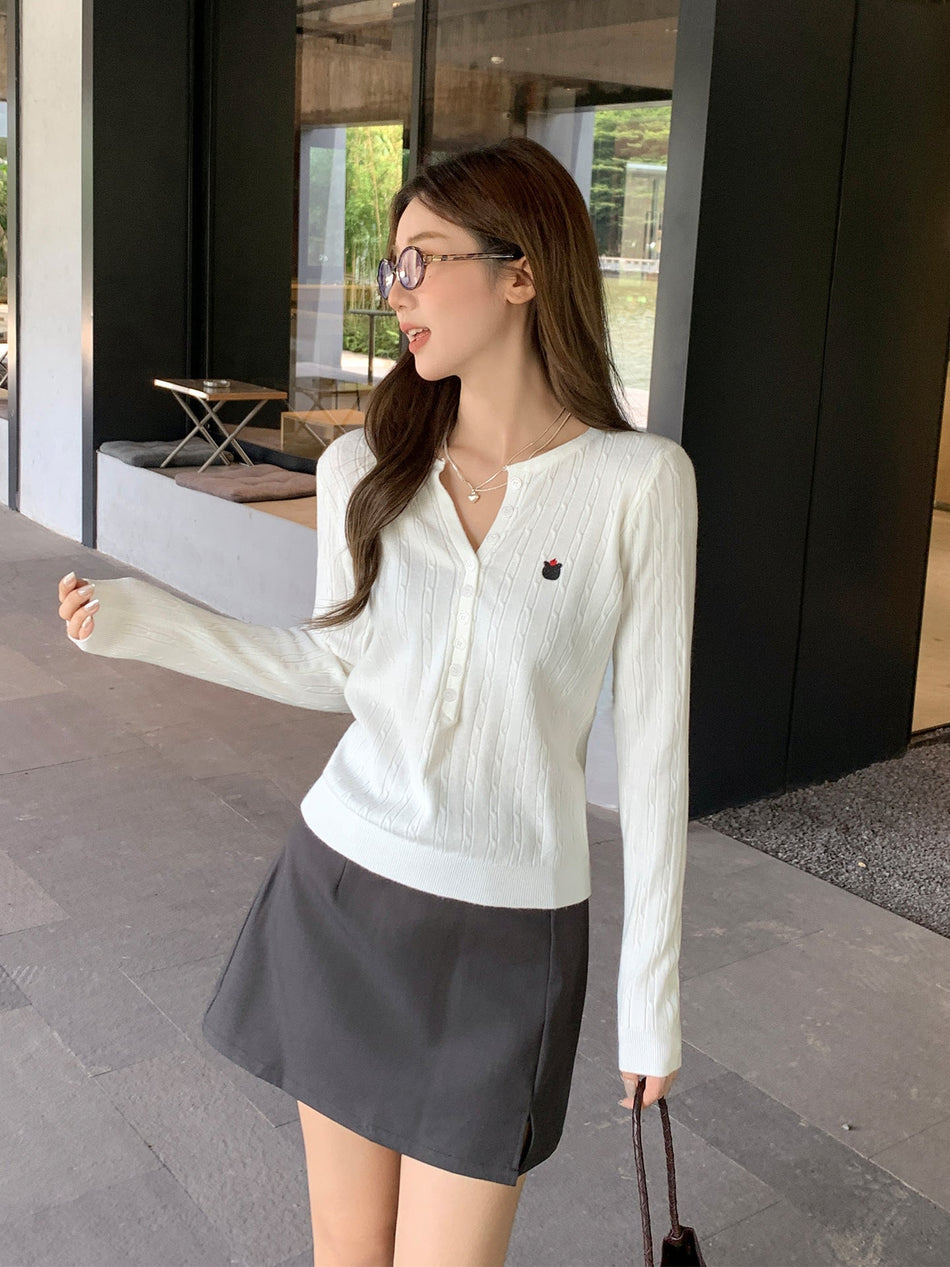 White Embroidered Knit Slim Long Sleeve Top Women 2026