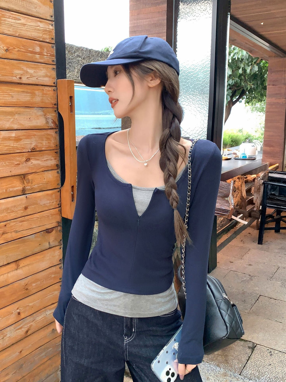 Navy Blue Zipper Cardigan Women Autumn 2026 Knit Set