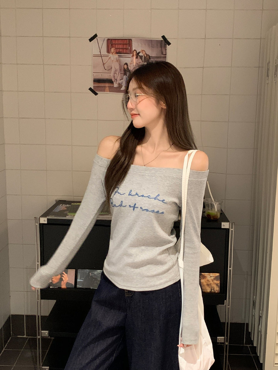 Korean Off-Shoulder Printed Long Sleeve Top Women 2026