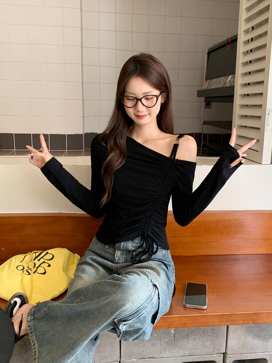 Black Asymmetrical Shoulder Slim T-Shirt Women 2026
