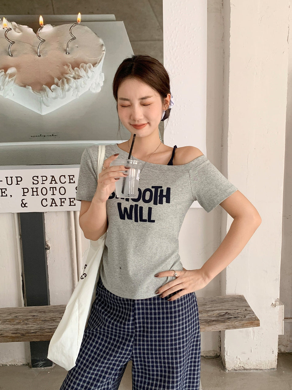 Letter Print Off-Shoulder Ruched T-Shirt Women 2026
