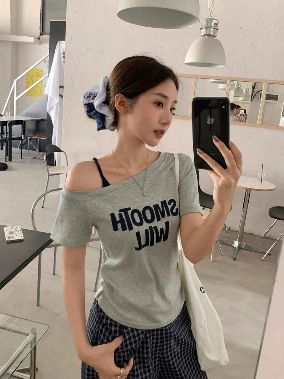 Letter Print Off-Shoulder Ruched T-Shirt Women 2026