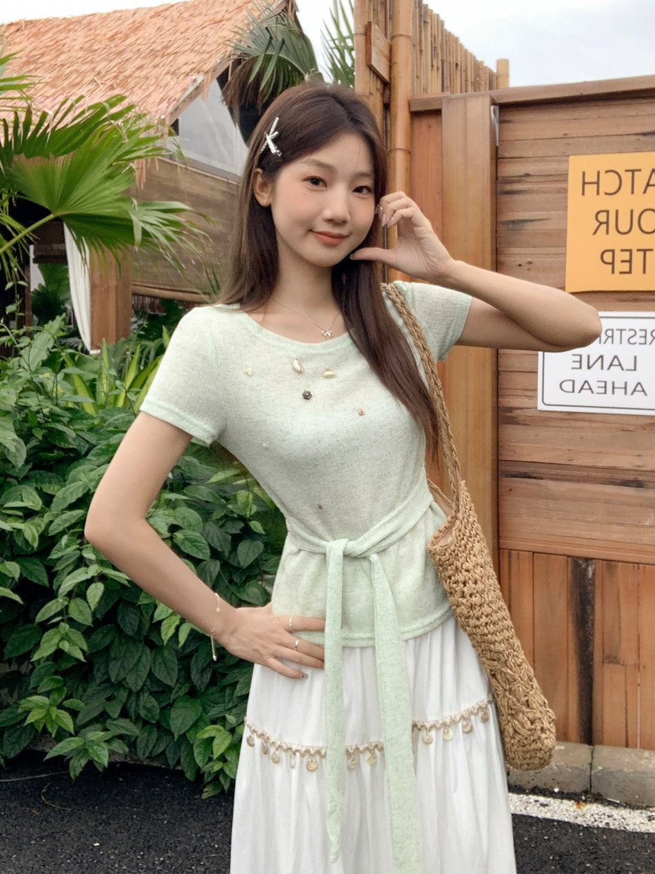 Light Green Sequin Shoulder Slim T-Shirt Women Summer