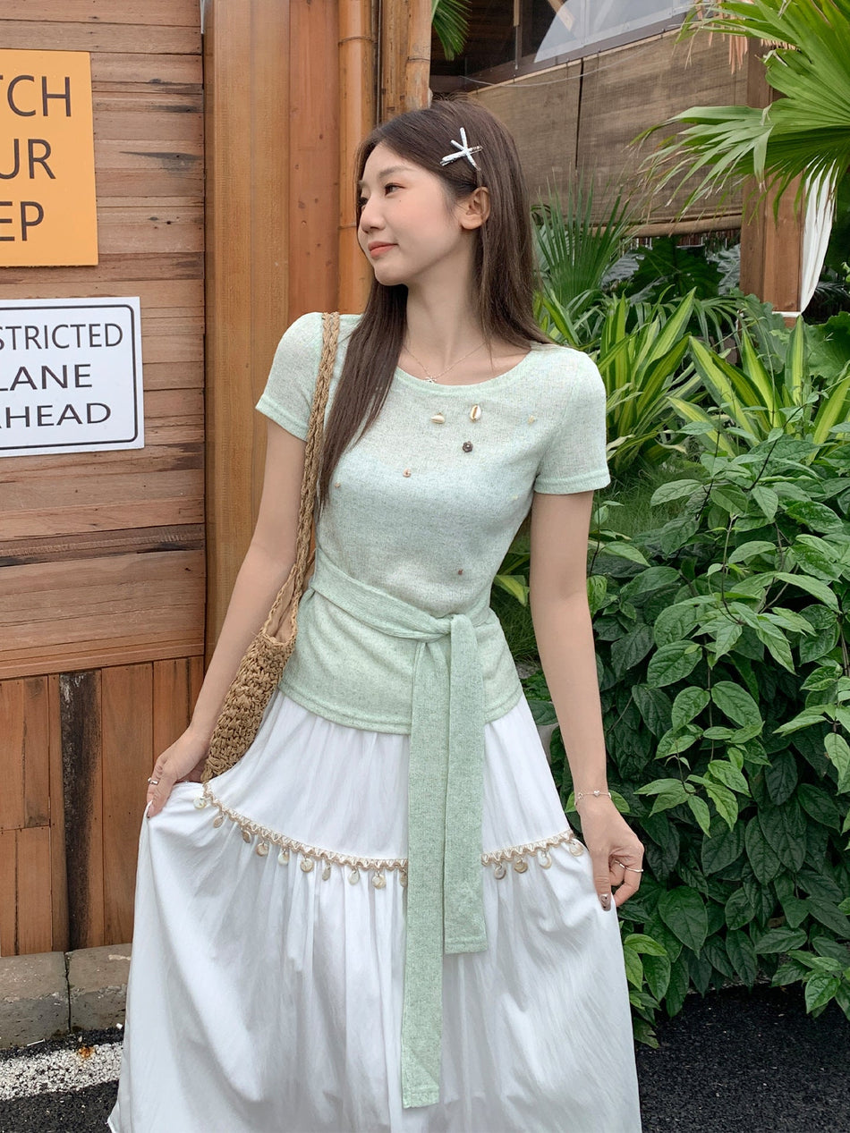 Light Green Sequin Shoulder Slim T-Shirt Women Summer